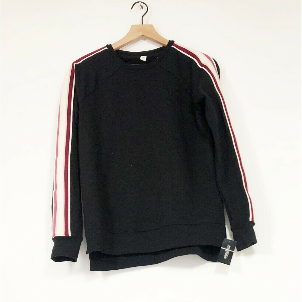 Ideology Pullover Training Sweatshirt Womens XS Black Varsity Stripes Crew‎ NEW